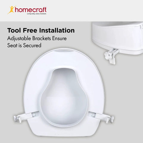 Savanah Raised Toilet Seat With Lid 6 Inch Lift for Seniors showing adjustable brackets and secure fit, white.