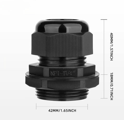Two Pack 1-1/4 Inch NPT Nylon Cable Glands Waterproof Adjustable 18.5-25mm 0.73-0.98 Inch IP68 Weatherproof Seals With Gaskets For Indoor And Outdoor Electrical Installations And Cable Entry Protection. Black 1-1/4 NPT nylon cable gland, 42mm wide