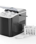 Top Notch Portable Ice Maker Creating Nine Bullet Cubes In Six Minutes with clear ice cubes and scoop on a countertop.