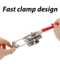 Hands operating adjustable toggle latch clamp for metal cabinets and toolboxes, heavy duty silver finish clasp lock for sliding doors.
