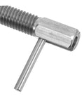 Close-up of Professional Grade Stainless Steel Spring Loaded Plunger Pin Cabinet Latch with a hex nut and spring mechanism.
