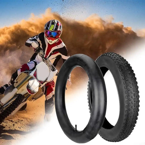 Heavy Duty 20x4.0 Fat Bike Tire Built For Wild E-Bike Rides With Thick Rubber That Handles Rough Trails And Tough Torque To Keep You Smashing It All Day Long. black 20x4.0 fat bike tire and inner tube for off-road e-bike riding
