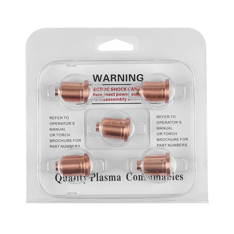 Durable 85 Amp Plasma Cutter Nozzle Tips And Consumables For Max85 Torch with five copper tips in clear packaging.