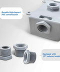 Outdoor Weatherproof Single Gang Electrical Outlet Box For 1/2 In Or 3/4 In Conduit, UL Listed Plastic Junction Box Outlet, Rugged Gray PVC with 1/2 reducer bushings