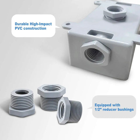 Outdoor Weatherproof Single Gang Electrical Outlet Box For 1/2 In Or 3/4 In Conduit, UL Listed Plastic Junction Box Outlet, Rugged Gray PVC with 1/2 reducer bushings