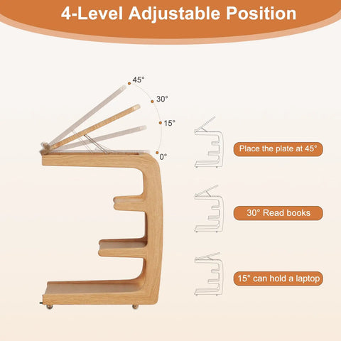 Side view of C Shaped Rolling Side Table With Wheels Solid Wood 4-In-1 Adjustable Desktop showing 4-level angle positions for use