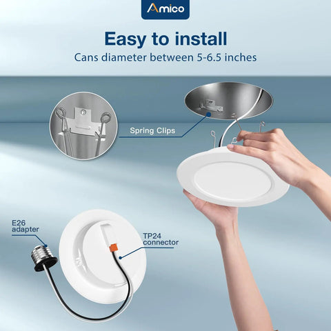 Hands holding 5 or 6 inch LED recessed lighting kit with adapter and clips, 12 pack, 1050LM, dimmable, IC rated retrofit, ETL listed.