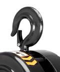 Close-up of hook on Manual Chain Block Hoist 1 Ton Capacity With 2 Heavy Duty Hooks Steel Hand Lift 8 Ft Lift Black Oxide Chains