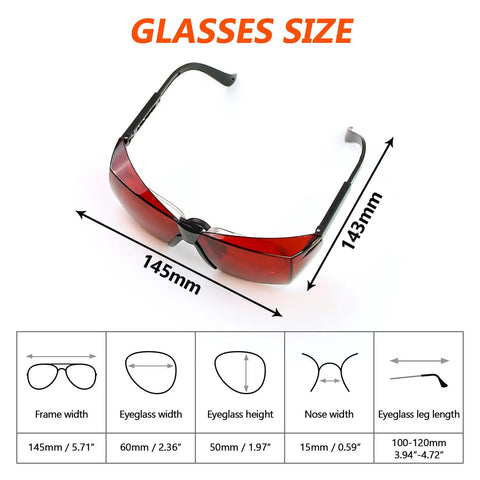Heavy Duty Laser Safety Glasses Shield Your Peepers From Harmful Blue And Green Beams Across The 180 To 540 NM Spectrum with measurements displayed.