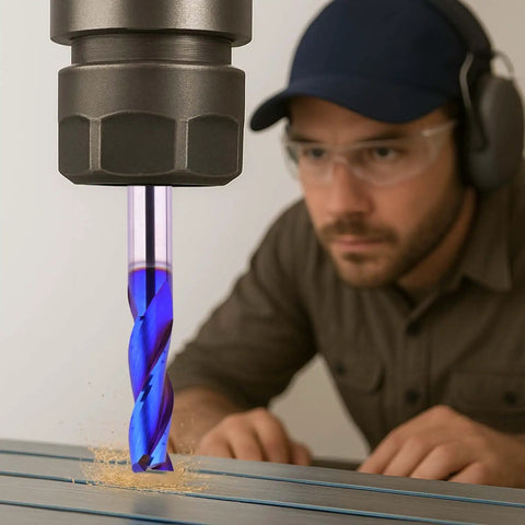 Three Eighths Inch Shank Spiral CNC Router Bit Solid Carbide End Mill Three Flute Up Cut Blue Coated in use on metal surface