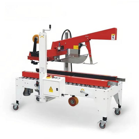 Automatic Carton Sealer With Size Adjustment For Heavy-Duty Shipping, No-Nonsense Box Sealing Machine With Adjustable Width, Tape Apply And Cut Function, Perfect For Commercial Packaging Lines. red steel carton sealer on casters