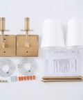 Assembly components for Sleek Modern Wall Sconces in Antique Brass Brush Finish With White Fabric Shade, Slim Metal Fixture, Two Pack