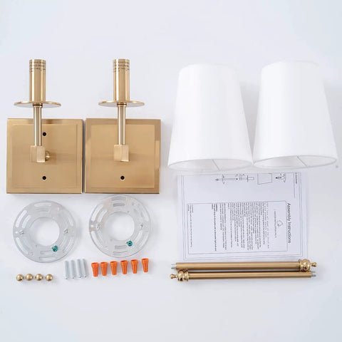 Assembly components for Sleek Modern Wall Sconces in Antique Brass Brush Finish With White Fabric Shade, Slim Metal Fixture, Two Pack