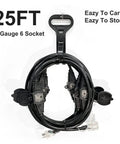 25 Ft Heavy Duty Extension Cord With 12 Gauge SJTW Cable 3 Prong NEMA 5-15P To 5-15R, 7 Outlets With Blue Power Indicator shown coiled with handle