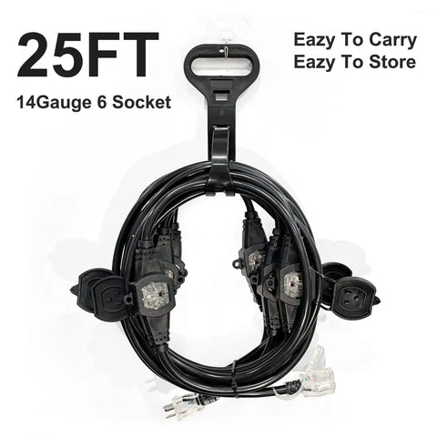 25 Ft Heavy Duty Extension Cord With 12 Gauge SJTW Cable 3 Prong NEMA 5-15P To 5-15R, 7 Outlets With Blue Power Indicator shown coiled with handle