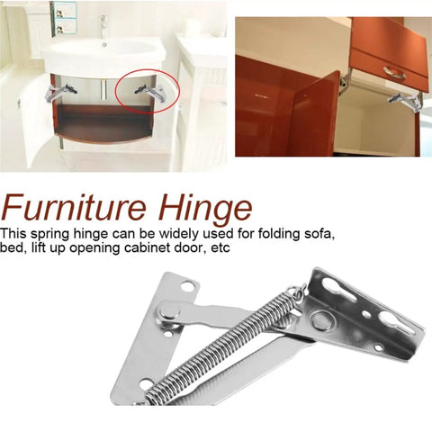 Beefy Heavy Duty 80 Degree Spring Hinge In Stainless Steel for cabinets and doors, shown on kitchen cabinet and bathroom sink.