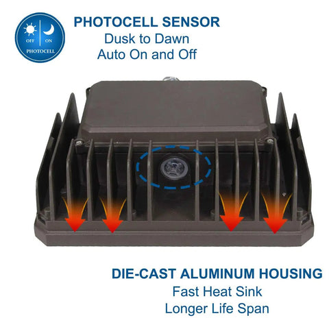 Back view of 2 Pack 100W Outdoor LED Flood Light With Dusk To Dawn Sensor, showcasing die-cast aluminum housing and heat sink.