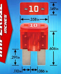10A blade fuse from the 120 Piece Auto Fuse Kit With 119 Blade Fuses And Color Coded Housings Plus Fuse Puller Includes 5A 7.5A 10A 15A 20A 25A 30A For Quick Fixes And Easy Visual ID, dimensions shown in inches.