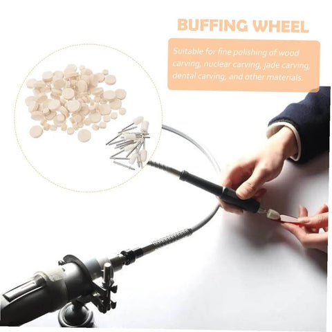 Person using rotary tool with Pro Grade Wool Buffing Wheels Set With Mandrel Shaft And Wool Felt Polishing Pads Kit for detailed polishing.