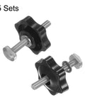 Built Different T Track Bolt And Hex Hand Knobs Kit With Stainless Steel Fasteners And Plastic Brass Insert Nuts For Precision Woodworking Jigs And Workshop Fixtures Black 5 Piece Set showing detailed black plastic knobs and stainless bolts.