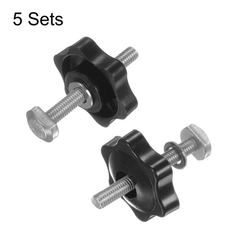 Built Different T Track Bolt And Hex Hand Knobs Kit With Stainless Steel Fasteners And Plastic Brass Insert Nuts For Precision Woodworking Jigs And Workshop Fixtures Black 5 Piece Set showing detailed black plastic knobs and stainless bolts.
