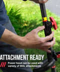 Person adjusting the attachment on 40 Volt Brushless Cordless String Trimmer With 16 Inch Cut Width And Multi Head System.