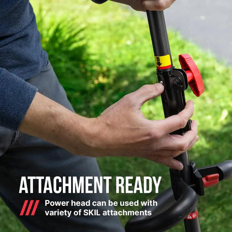 Person adjusting the attachment on 40 Volt Brushless Cordless String Trimmer With 16 Inch Cut Width And Multi Head System.