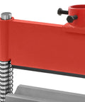 Heavy Duty 12 Inch Press Brake Attachment For 12-20 Ton Hydraulic Shop Presses, red metal frame close-up detail view.
