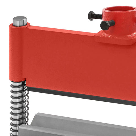 Close-up of top assembly on 12 Inch Press Brake Attachment for 12 or 20 Ton Hydraulic Workshop Presses with dual spring design.