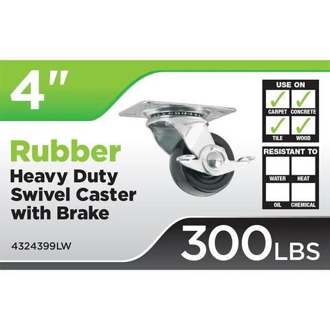 Heavy Duty Four Inch Rubber Caster Wheel Swivel Top Plate Secure Brake 300 Pounds Load Capacity Smooth Quiet Roll Carpet Concrete Tile Wood Floors Built Tough Effortless Mobile Storage Unit Rock Solid Daily Transport