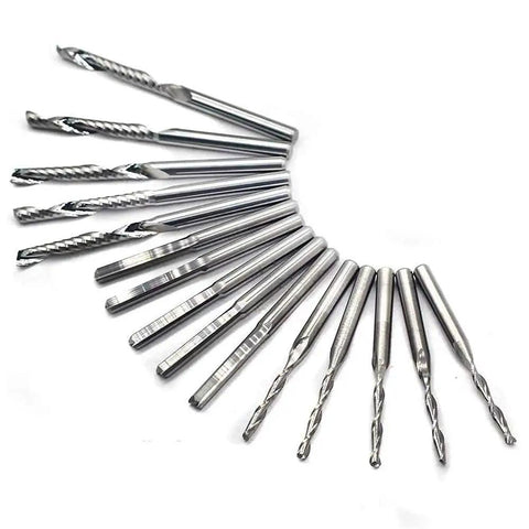 End Mill Set With One Eighth Inch Shank Fifteen Piece Kit Of Solid Tungsten Carbide CNC Router Bits For Engraving Milling Roughing Hollowing And 3D Sculpting Includes Five Two Flute Ball Nose Bits Five Double Edged Straight And Five Single Flute Bits
