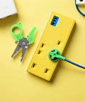 Heavy Duty Mini Wire Stripper And Cutter Pliers on a yellow background with a power strip and blue cable.