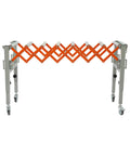 Super Flex Adjustable Telescopic Conveyor Roller Table With Integrated Scale Display And Secure Hooks For Moving Heavy Loads From 18 To 51 Inches Long And 17 Wide showing orange roller mechanism and adjustable height.