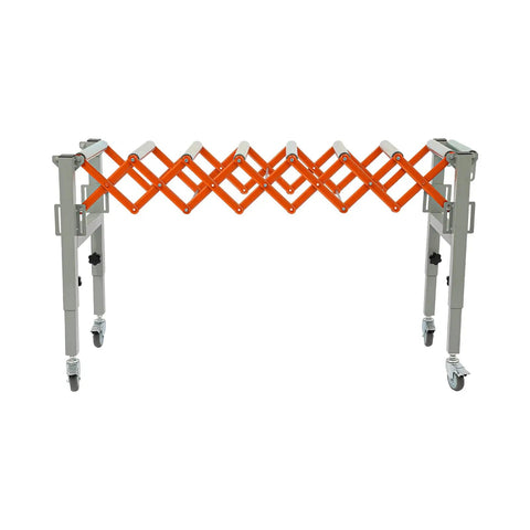 Super Flex Adjustable Telescopic Conveyor Roller Table With Integrated Scale Display And Secure Hooks For Moving Heavy Loads From 18 To 51 Inches Long And 17 Wide showing orange roller mechanism and adjustable height.