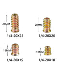 160 Pieces Heavy Duty Threaded Inserts For Wood Furniture Restoration Includes 9mm Twist Drill And Hex Wrench Four Length Options Super Easy Snap Fit Installation Hella Durable Top Shelf Hardware Kit showing 10mm, 15mm, 20mm, and 25mm inserts.