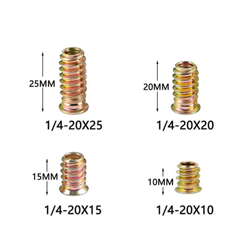 160 Pieces Heavy Duty Threaded Inserts For Wood Furniture Restoration Includes 9mm Twist Drill And Hex Wrench Four Length Options Super Easy Snap Fit Installation Hella Durable Top Shelf Hardware Kit showing 10mm, 15mm, 20mm, and 25mm inserts.