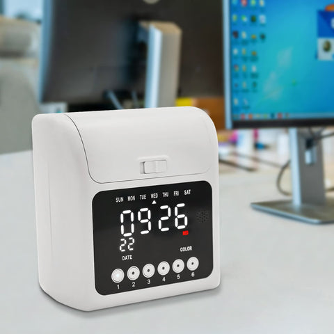 Heavy Duty Time Clock Punch Machine Bundle Includes Fifty Cards For Small Business And Office Password Unlocked Attendance Tracker on desk