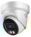 4MP Full-Color Night Vision PoE Turret Camera With 4mm Lens showing close-up of lens and strobe alarm features