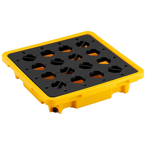 Low Profile Spill Containment Pallet For One Drum Built Tough Modular Platform With Drain 11.4 Gallon Sump Heavy Duty Poly Tray in yellow.
