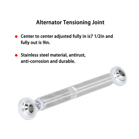 Adjustable Alternator Tensioner Rod Kit For Universal Bracket Fit Five And A Half Inch Length And Five Eighths Inch Diameter Center To Center Adjustable From Seven And A Half To Nine Inches Drag Race Style Heim Joint SBC Compatible Easy Mount stainless steel rod with heim joints