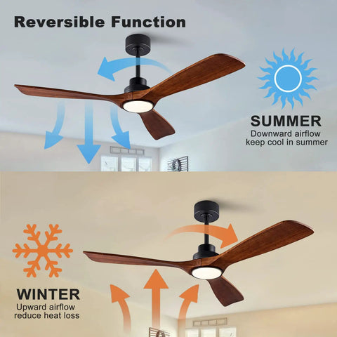 Cool 52 Inch Wood Ceiling Fan With Light Remote, Quiet DC Motor, 3 Solid Wood Blades in Black and Dark Walnut, reversible function