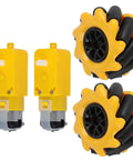 Front view of two yellow 48mm Mecanum wheels with black rollers and two yellow TT geared motors for DIY robot car