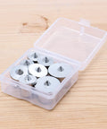 Pro Grade Dowel And Tenon Center Transfer Plugs Set For Accurate Hole Transfer And Center Marking Includes One Quarter Inch Five Sixteenths Inch Three Eighths Inch And One Half Inch Sizes Eight Piece Kit With Internal Centering Pin And Scribe Point in open plastic case on wooden surface