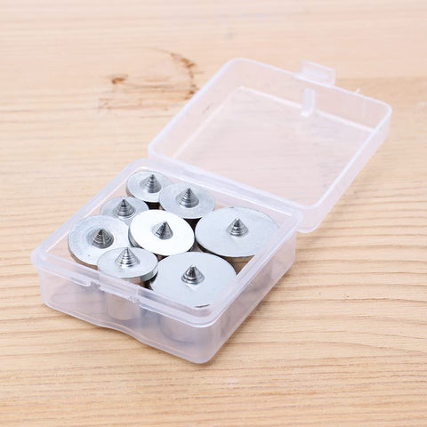 Pro Grade Dowel And Tenon Center Transfer Plugs Set For Accurate Hole Transfer And Center Marking Includes One Quarter Inch Five Sixteenths Inch Three Eighths Inch And One Half Inch Sizes Eight Piece Kit With Internal Centering Pin And Scribe Point in open plastic case on wooden surface