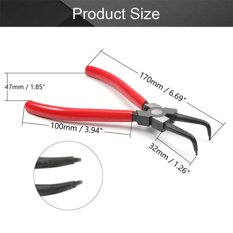 Image of Internal Snap Ring Pliers 7 Inch 90 Degree Bent For Internal Circlips, showing red handles and 90-degree bent tip.