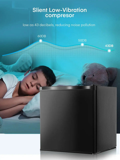 One Point One Cubic Foot Compact Countertop Mini Freezer with silent low-vibration compressor beside a sleeping child.