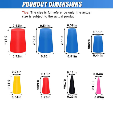 DUSCOKE 42 Piece Tapered Plugs Assortment Kit High Temp Silicone Rubber Stoppers For Media Blasting And Powder Coating Masking Holes During Painting Or Spray Jobs With 8 Sizes Including Tiny To Big Hole Filler dimensions chart