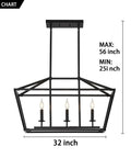 Three Light Black Farmhouse Pendant Chandelier For Dining Room Over Table Industrial Linear Lantern Lighting Fixture For Kitchen Island Dimmable With E12 Bulbs Not Included, 32 inch size guide showing max 56 inch and min 25 inch height adjustment.