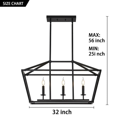 Three Light Black Farmhouse Pendant Chandelier For Dining Room Over Table Industrial Linear Lantern Lighting Fixture For Kitchen Island Dimmable With E12 Bulbs Not Included, 32 inch size guide showing max 56 inch and min 25 inch height adjustment.