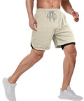 Men's 2 In 1 Running Shorts With Built In Liner Quick Dry Training Gear Zip Pockets And Towel Loop Lightweight in Khaki